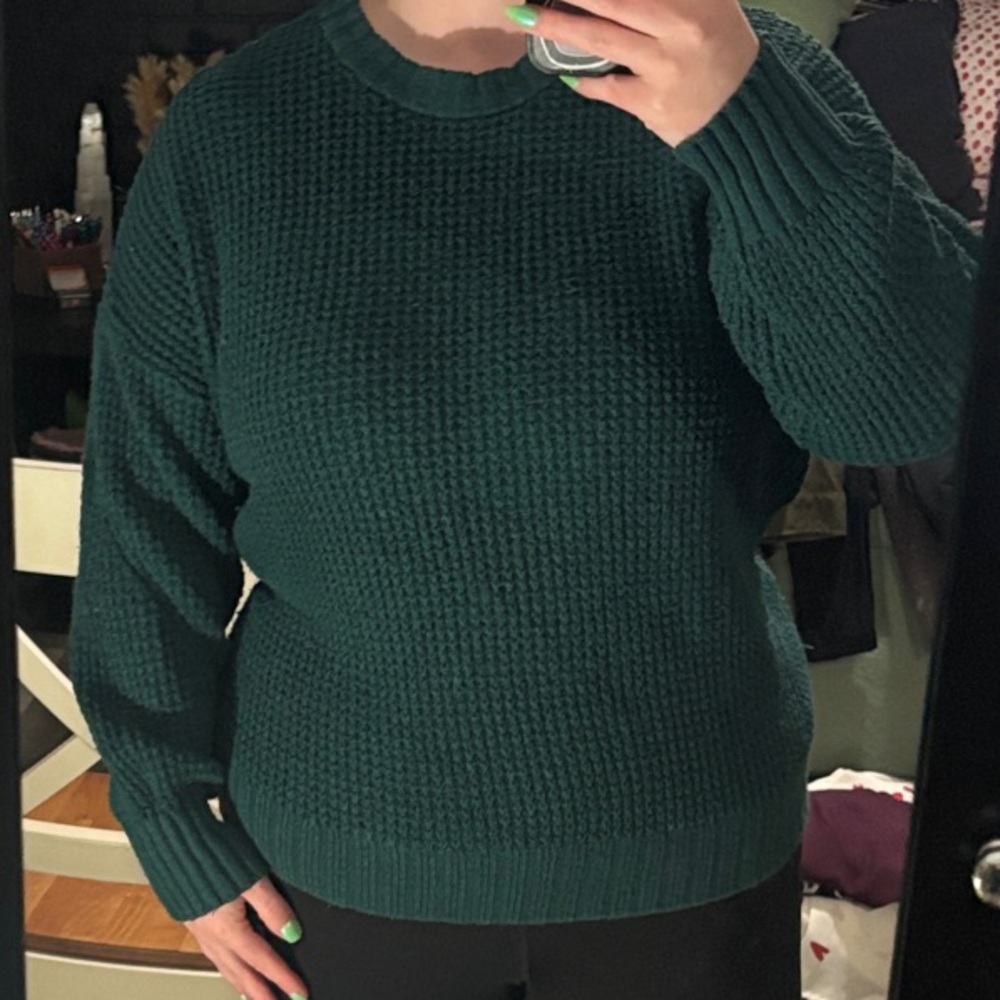 American Eagle Outfitters Deep Green Waffle Knit Crew Sweater